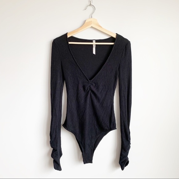 Free People Tops - Free People Black Ribbed Deep V Bodysuit Blouse XS